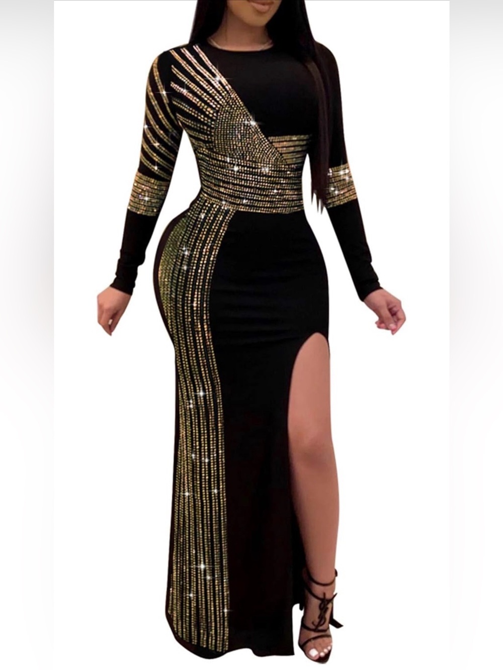 Elegant Black Long Sleeve Maxi Dress with Gold Accents